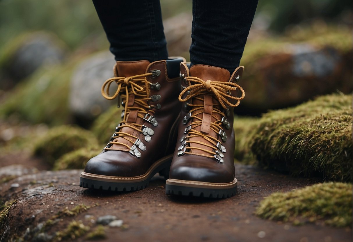 A pair of Ganni hiking boots integrated into a stylish fashion ensemble, adding a rugged yet chic element to the overall look