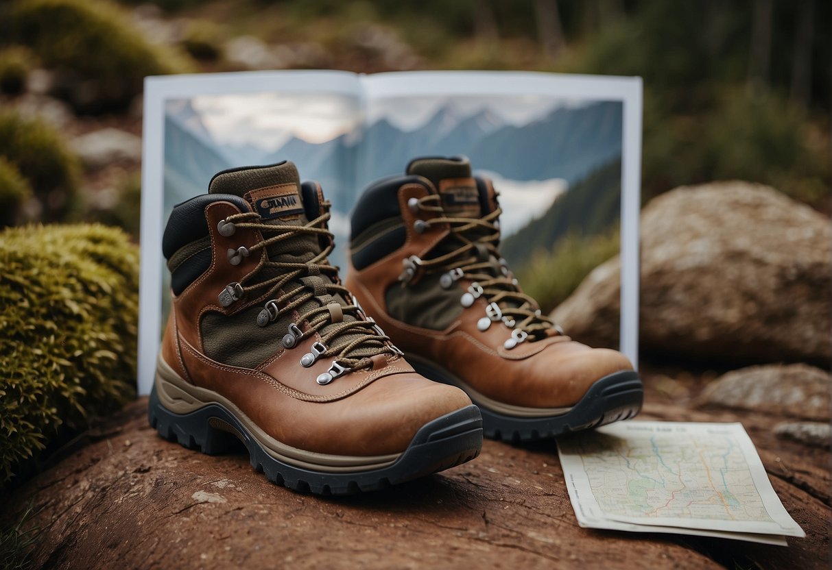 A pair of Ganni hiking boots surrounded by various outdoor gear and a trail map, with a "Frequently Asked Questions" booklet open nearby