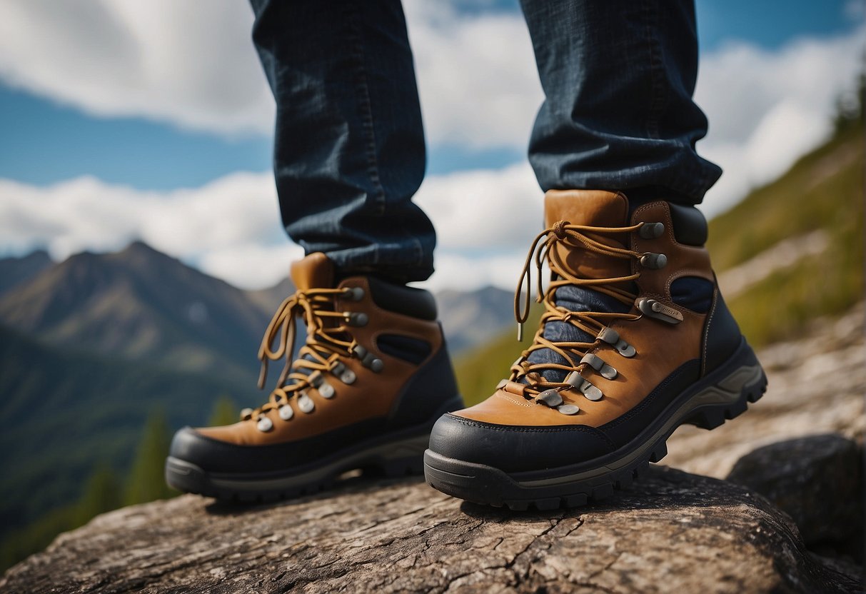 A pair of Goodyear welt hiking boots surrounded by outdoor gear and a rugged terrain backdrop