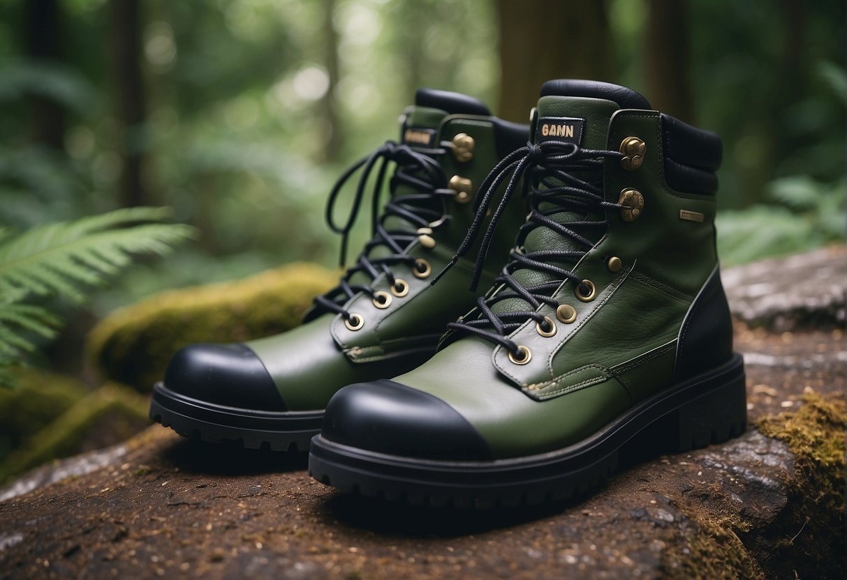 A pair of Ganni's Hiking Boots on a rocky trail, surrounded by vibrant green foliage and towering trees