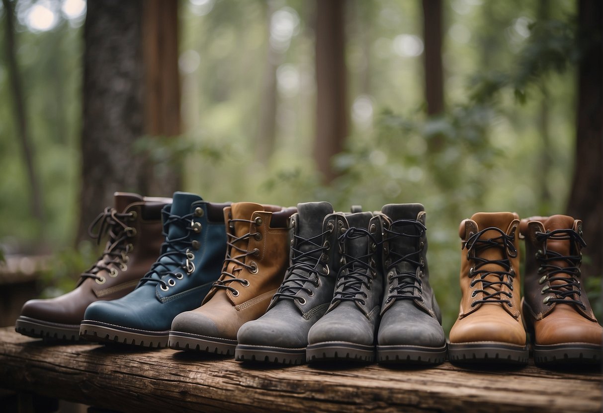 A lineup of Ganni hiking boots displayed on a wooden shelf in a rustic outdoor setting