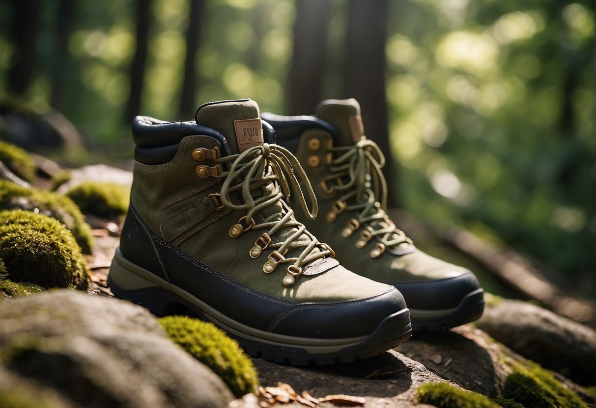 A pair of Ganni hiking boots placed on a rocky trail, surrounded by lush greenery and tall trees. The sun is shining through the leaves, casting dappled shadows on the ground