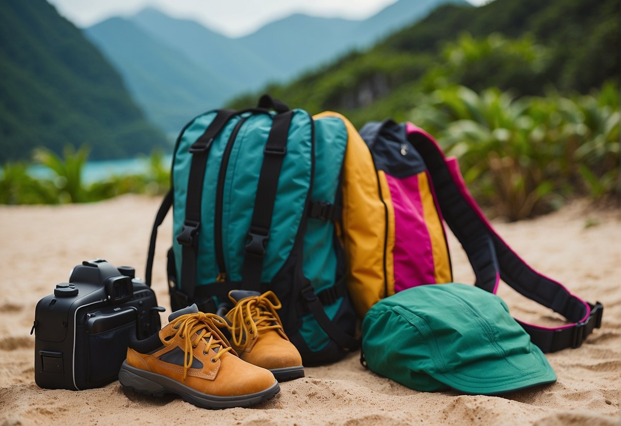 A colorful hiking outfit laid out on a tropical beach with lush green mountains in the background
hawaii hiking outfit