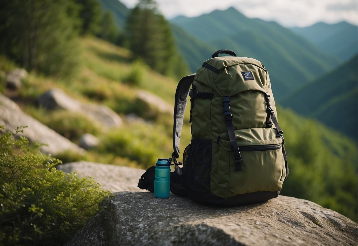 A backpack, water bottle, sturdy boots, and a hat lay on a rocky trail with lush greenery in the background