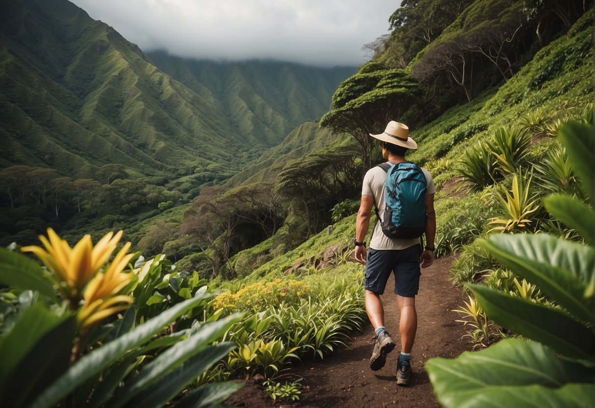 A hiker wearing a sun hat, sunglasses, tank top, shorts, hiking boots, and a backpack, surrounded by lush greenery and tropical flowers in Hawaii