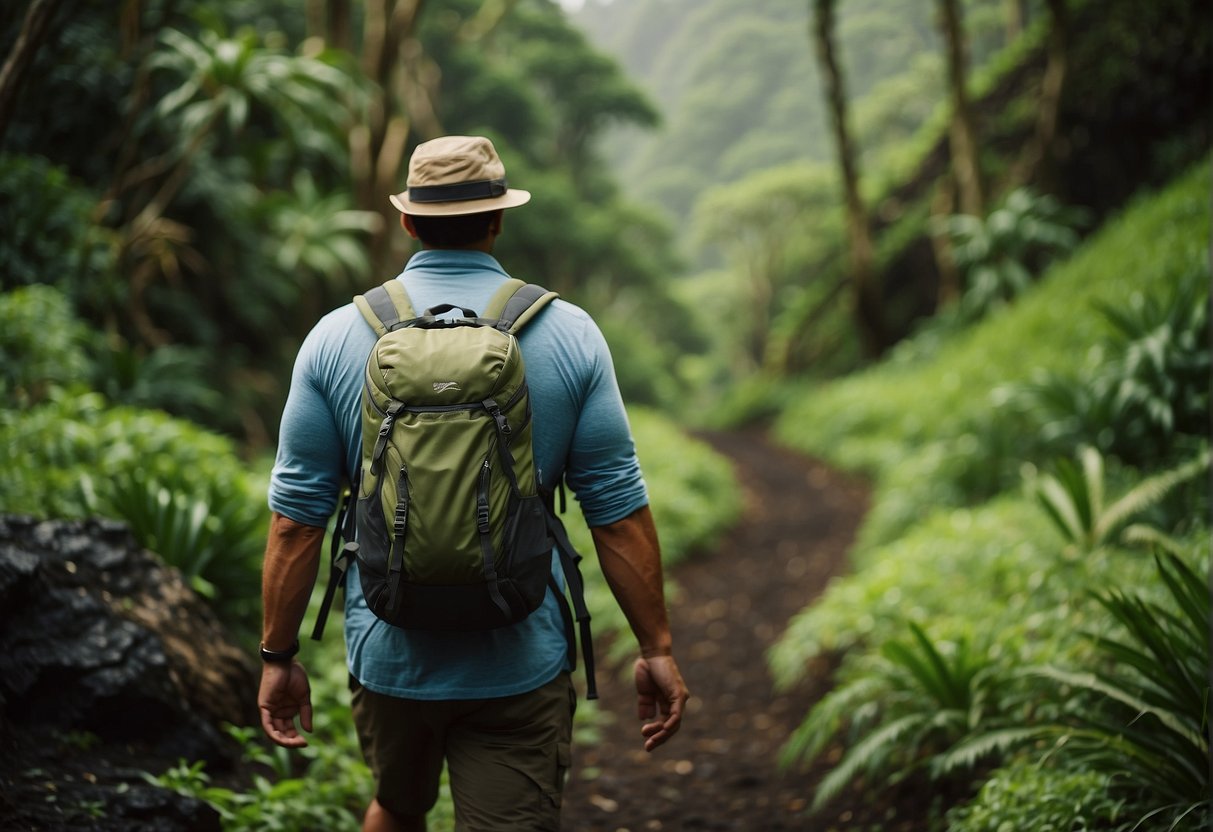 A hiker in a sustainable outfit, following trail signs, surrounded by lush vegetation and wildlife in Hawaii