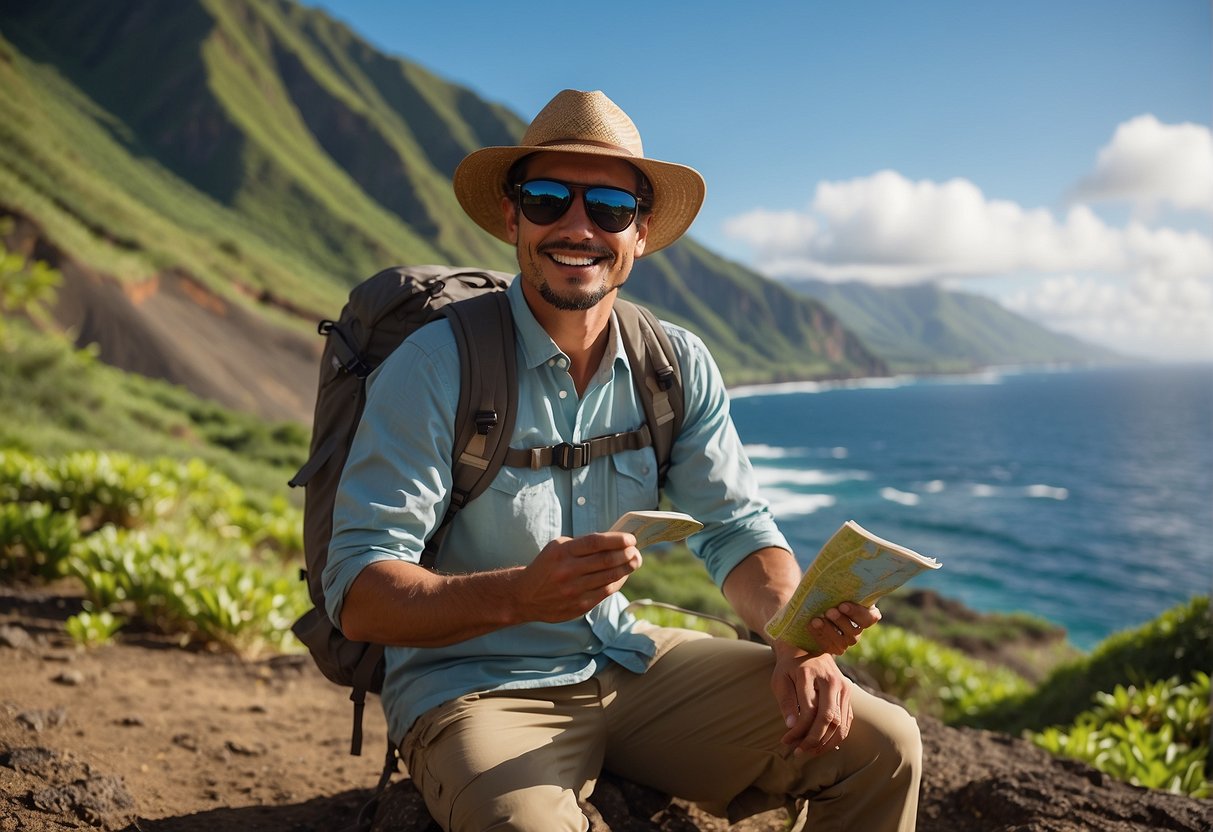 A hiker in Hawaii wears a wide-brimmed hat, sunglasses, lightweight long-sleeve shirt, and pants. They also have sunscreen, a hydration pack, and a map