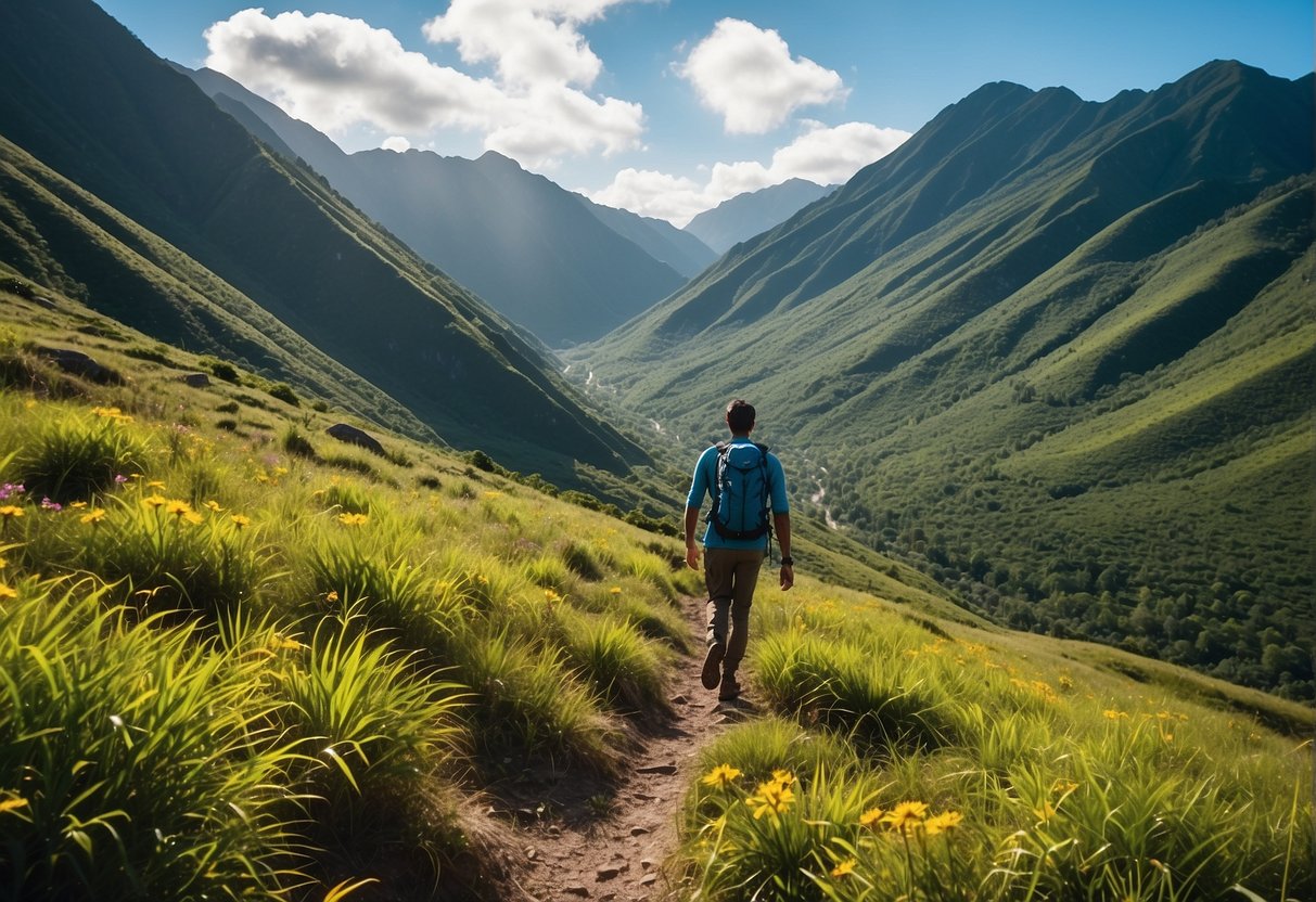 Lush green mountains rise against a bright blue sky, with a trail winding through the landscape. A hiker in lightweight, breathable clothing and sturdy boots navigates the terrain, surrounded by tropical plants and vibrant flowers