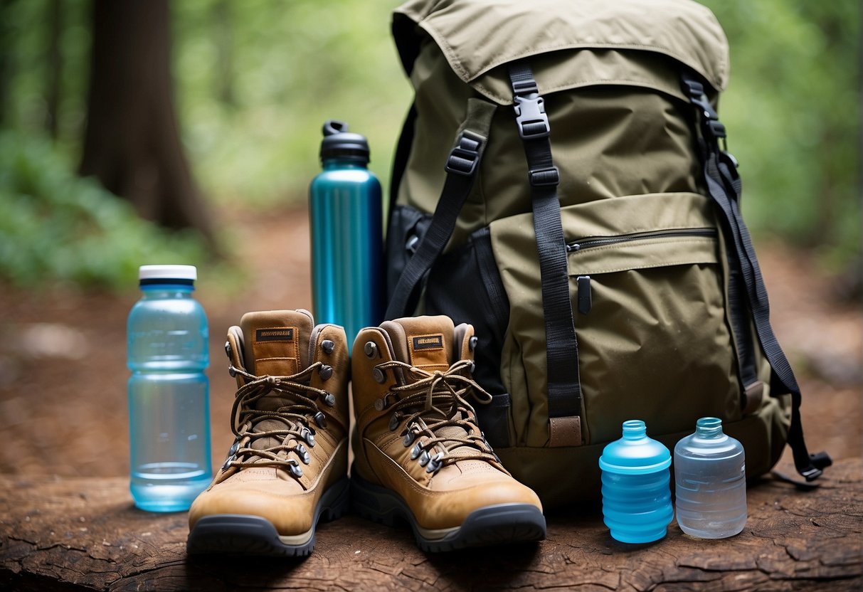 Hiking boots, cargo shorts, moisture-wicking t-shirt, wide-brimmed hat, sunglasses, and a backpack with water bottle