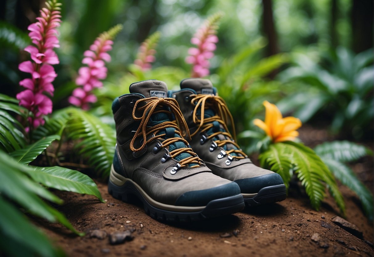 A pair of sturdy hiking boots surrounded by lush green foliage and colorful tropical flowers on a Hawaiian trail
