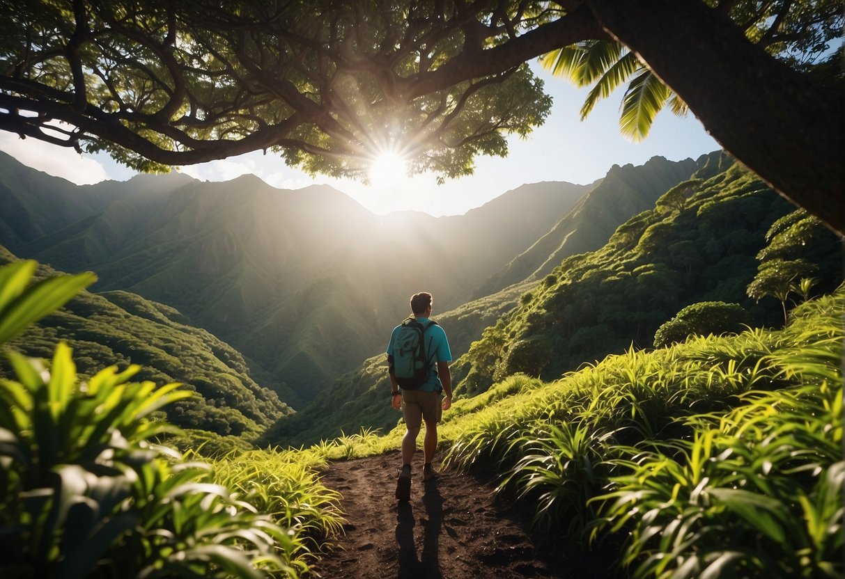 A hiker stands on a lush trail in Hawaii, wearing a lightweight, breathable outfit suitable for warm weather. The sun shines through the canopy, casting dappled shadows on the vibrant foliage