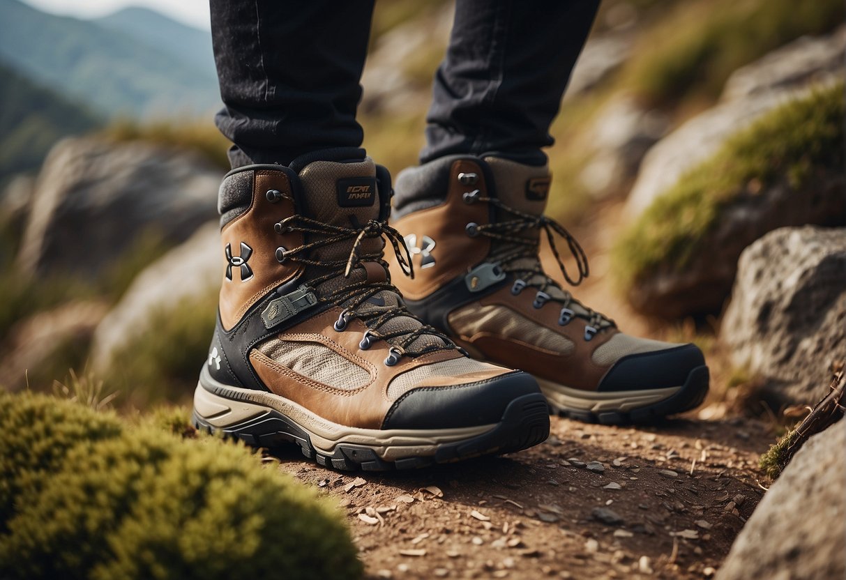A pair of Under Armour hiking boots sits on a rugged trail, surrounded by rocks, dirt, and foliage