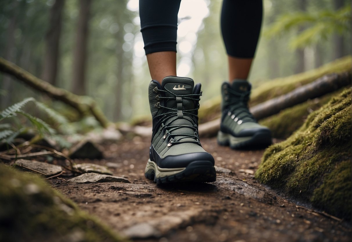 A hiker navigates rugged terrain in Under Armour hiking boots, surrounded by towering trees and rocky paths