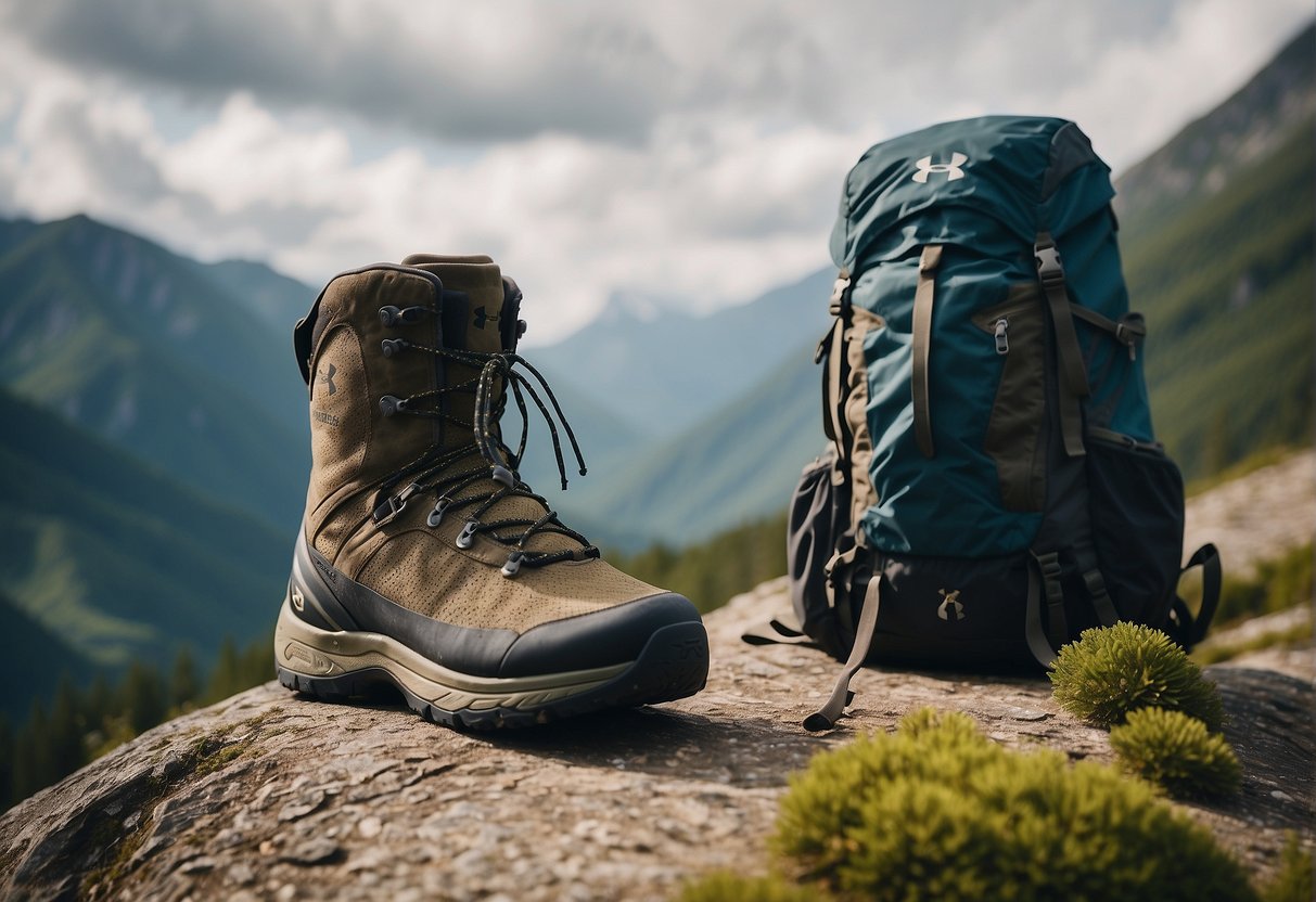 A pair of Under Armour hiking boots placed next to a backpack and trekking poles, surrounded by a rugged mountain trail and lush greenery