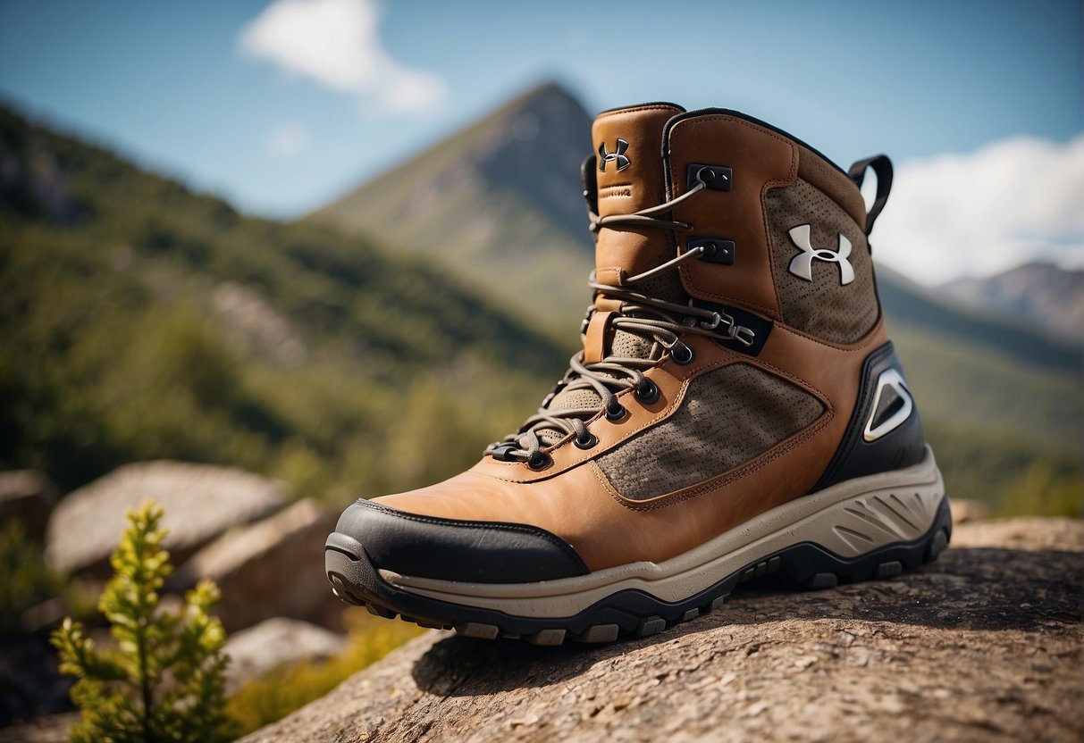 A pair of Under Armour Community hiking boots on a rugged trail