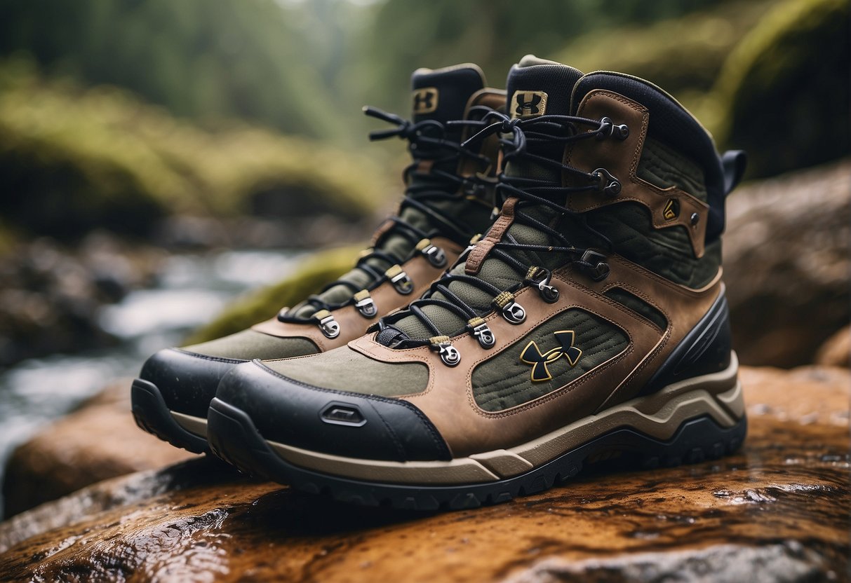 A pair of Underarmour hiking boots on a rugged trail, surrounded by rocks and trees, with water-resistant material and durable rubber soles