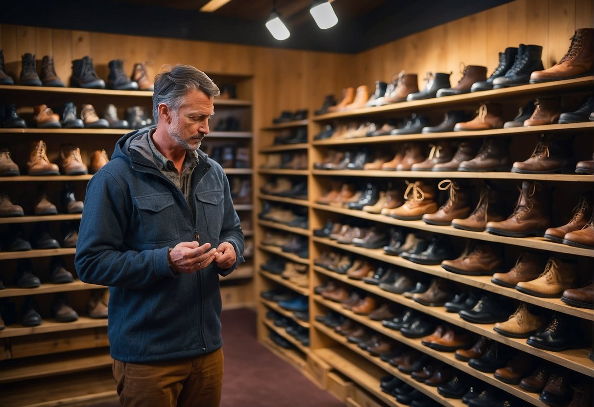 A hiker examines a display of Goodyear welt hiking boots with various styles and colors, surrounded by shelves of outdoor gear and a sign indicating a buying guide for the boots