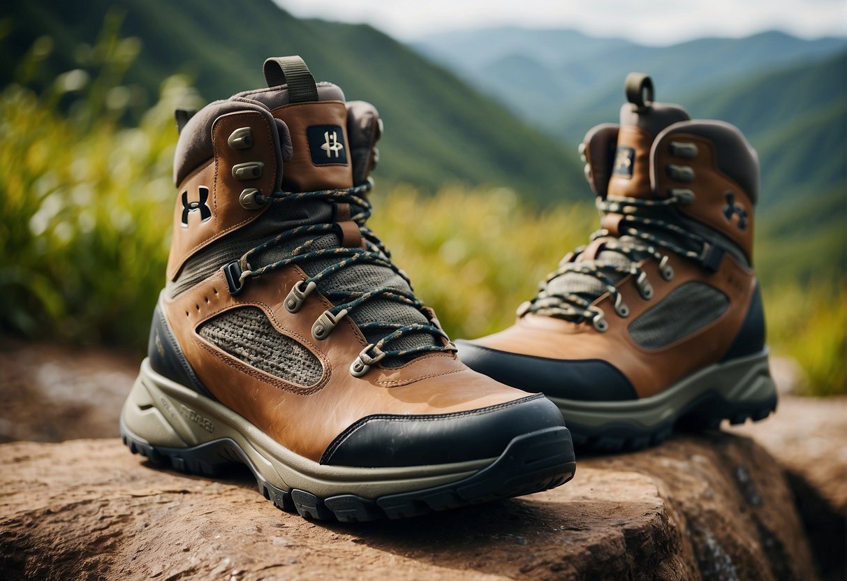A pair of Under Armour hiking boots placed on a rugged trail, surrounded by lush greenery and rocky terrain