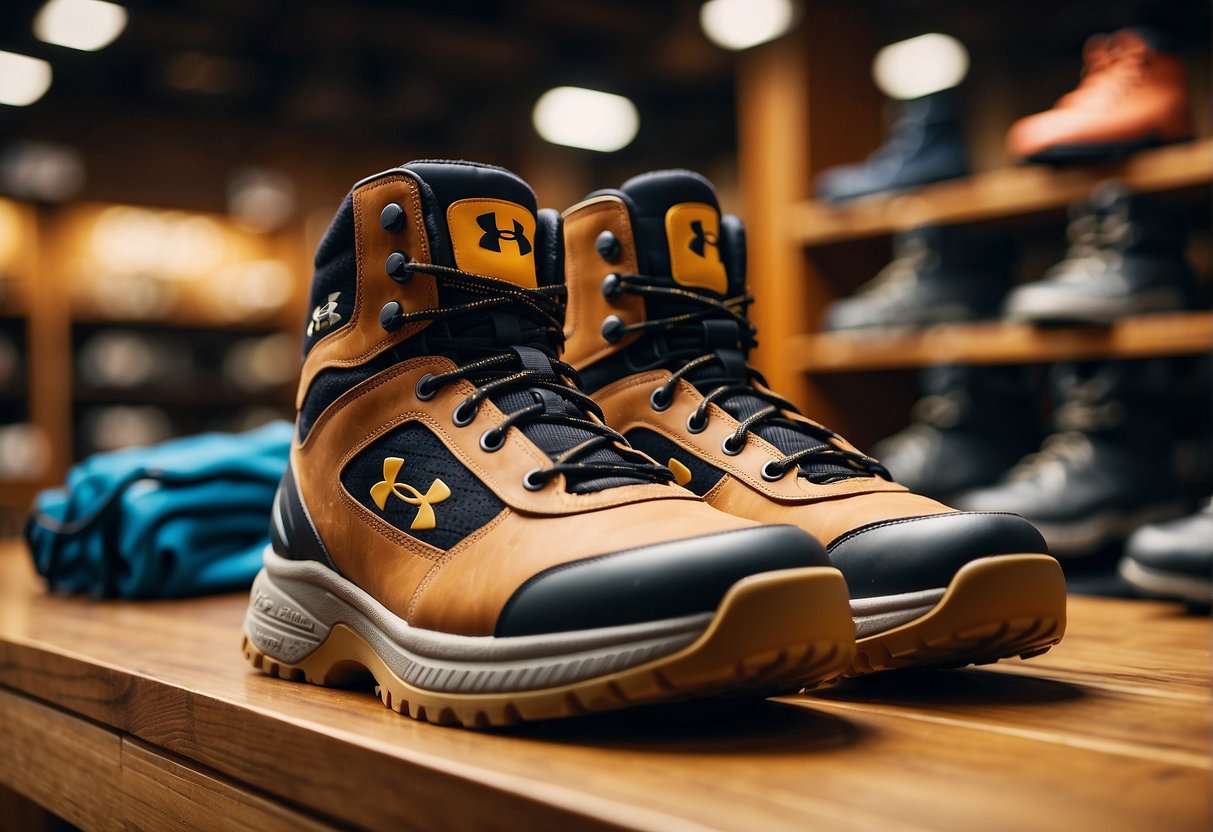 A pair of underarmour hiking boots displayed on a wooden shelf in a well-lit outdoor store