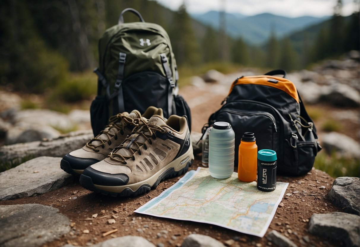 A pair of Under Armour hiking boots placed on a rocky trail, surrounded by a backpack, water bottle, and map
