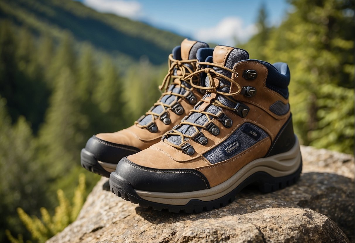 A pair of Orthofeet hiking boots placed on a rocky trail with a backdrop of lush green trees and a clear blue sky