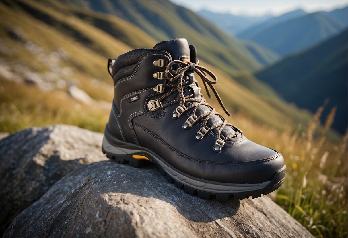 A pair of orthofeet hiking boots, featuring durable leather and comfortable padding, stands against a backdrop of rugged mountain terrain