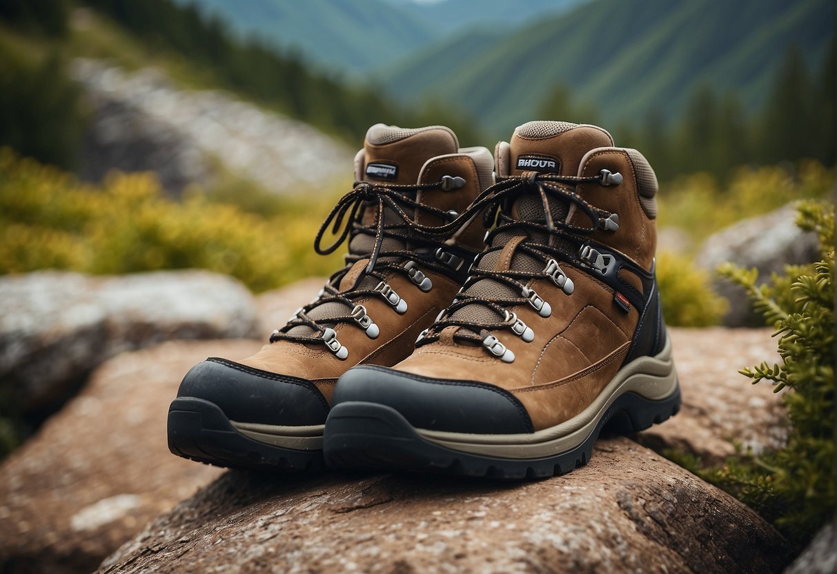 A pair of Orthofeet hiking boots placed on a rugged trail, surrounded by lush greenery and towering mountains in the background