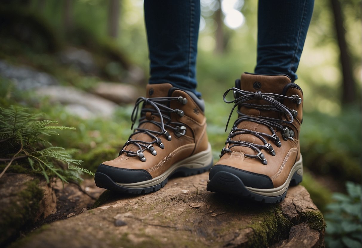 A pair of Orthofeet hiking boots surrounded by nature, with a serene and peaceful atmosphere, evoking a sense of wellness and relaxation