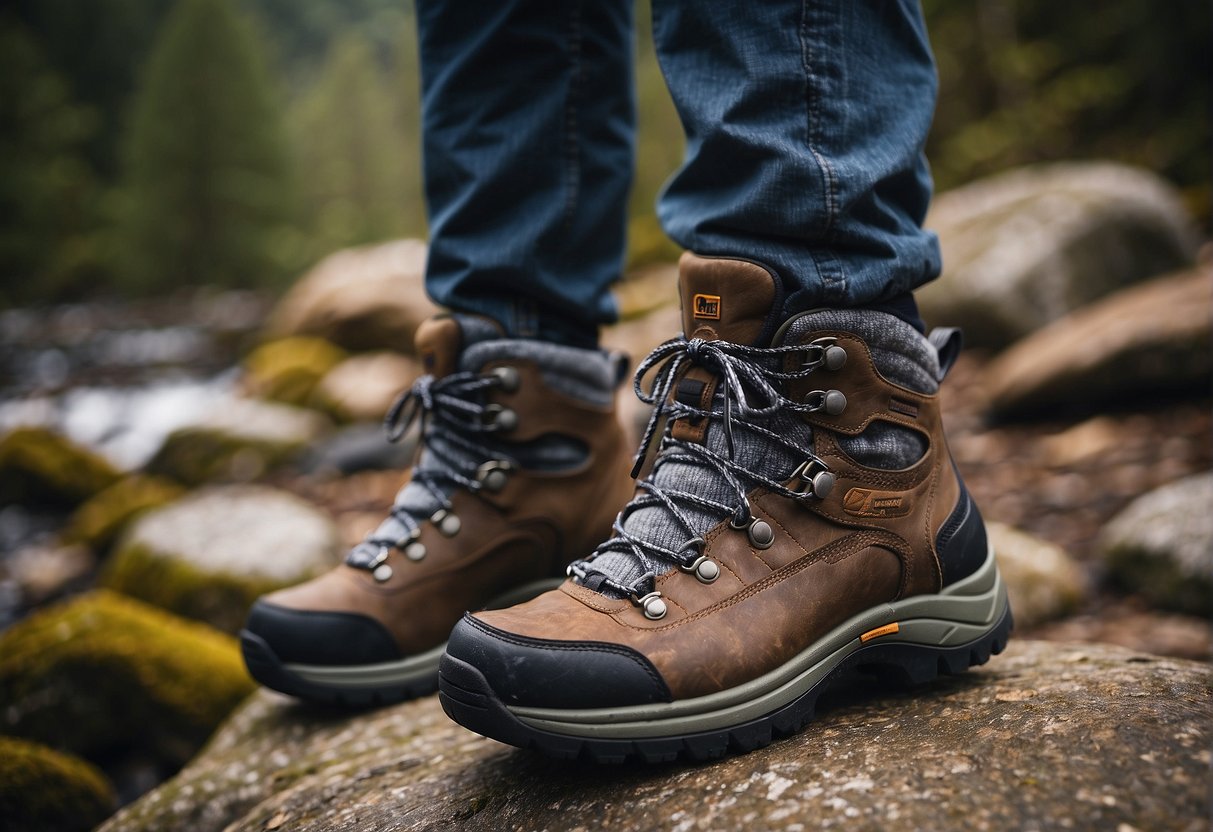 A pair of orthofeet hiking boots is being put through a series of rugged outdoor activities, showcasing their material and durability