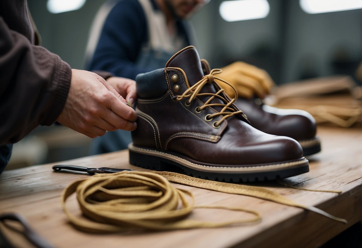 A factory worker carefully stitches a durable welt onto a sturdy hiking boot, ensuring ethical and quality manufacturing standards are met