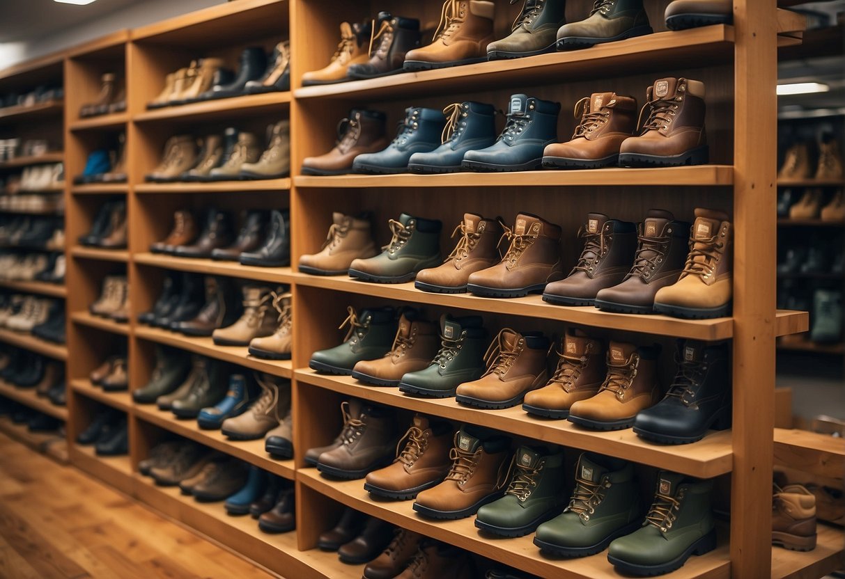 A display of Orthofeet hiking boots in various sizes and colors, neatly arranged on shelves with clear signage indicating availability