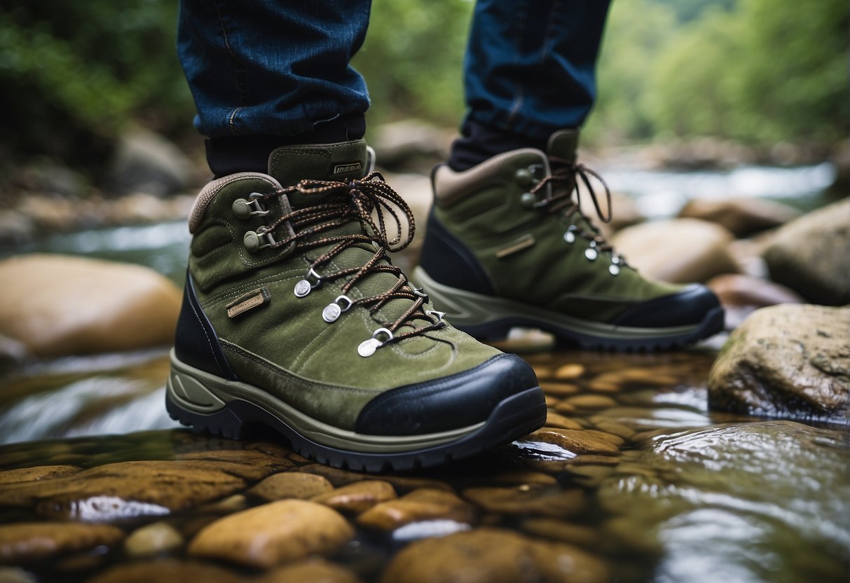A pair of sustainable hiking boots placed on a rocky trail with lush greenery and a flowing stream in the background