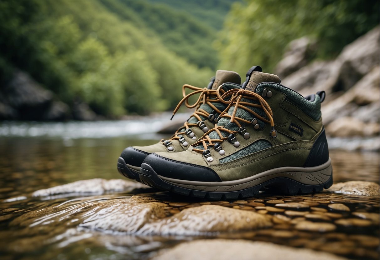 A pair of sustainable hiking boots placed on a rocky trail, surrounded by lush greenery and a flowing river in the background