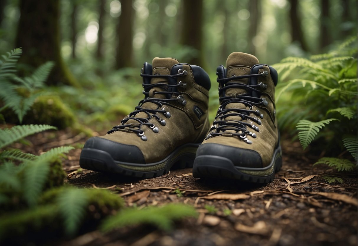A pair of sustainable hiking boots standing on a lush forest floor, surrounded by diverse plant life and wildlife. The boots appear sturdy and well-worn, blending seamlessly into the natural environment
