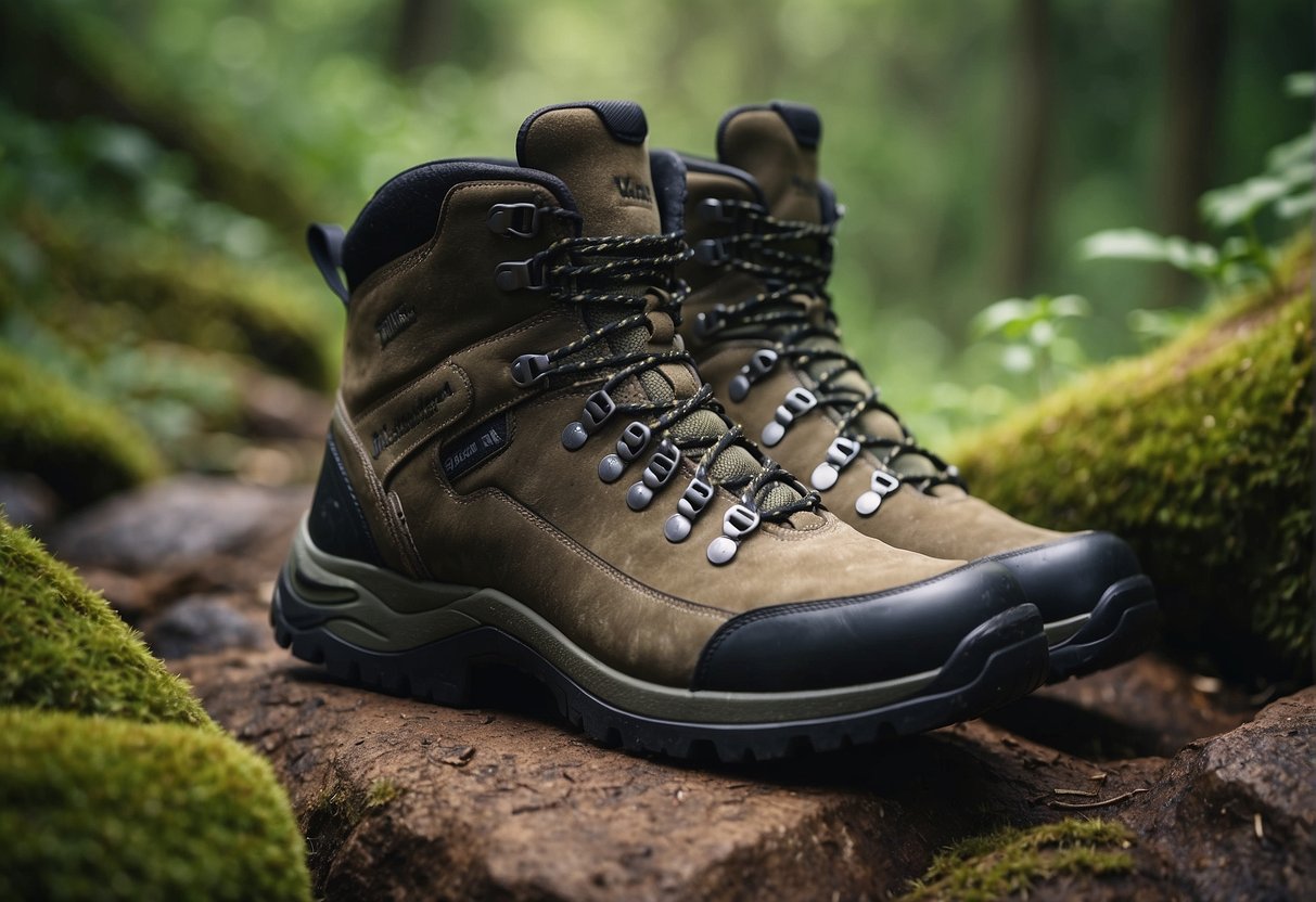 A pair of durable hiking boots on a rugged trail, surrounded by lush greenery and rocky terrain. The boots are constructed with sustainable materials and designed for both comfort and performance