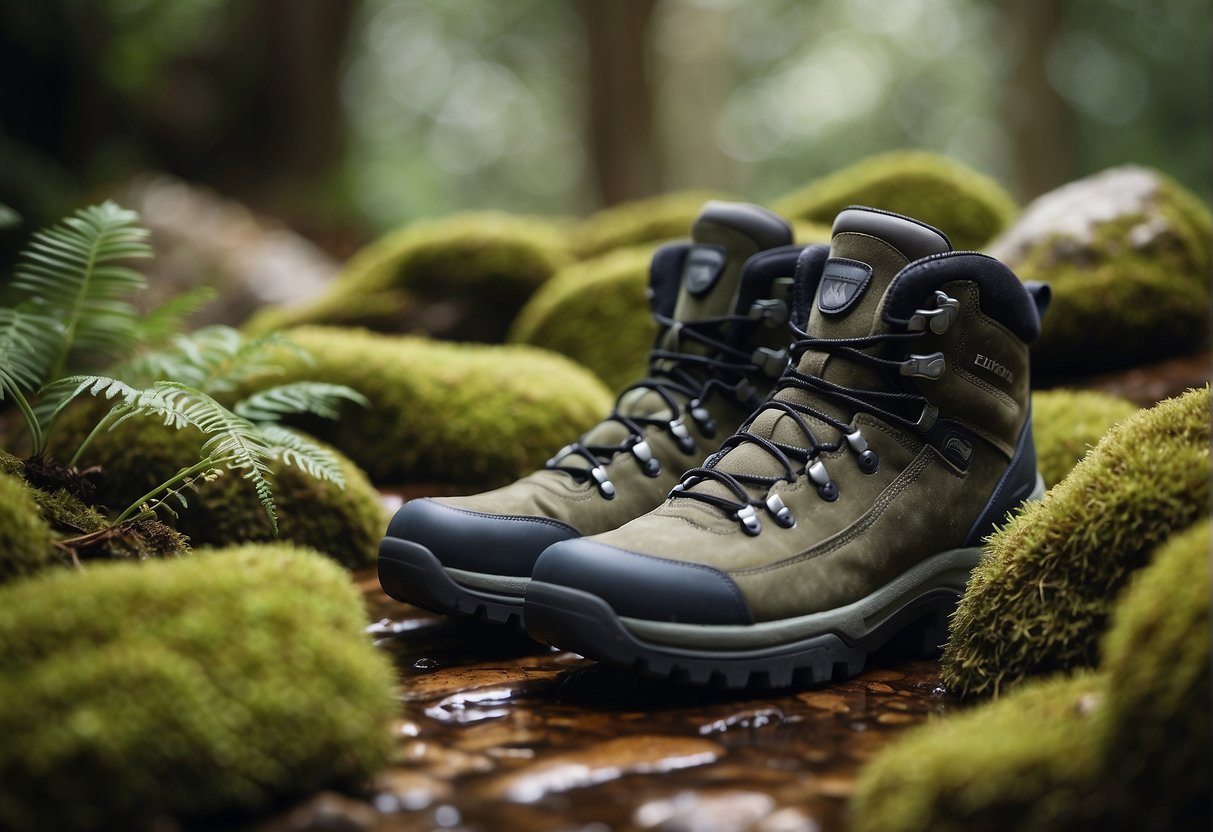 A pair of sustainable hiking boots being cleaned and conditioned with eco-friendly products, surrounded by natural elements like rocks and plants
