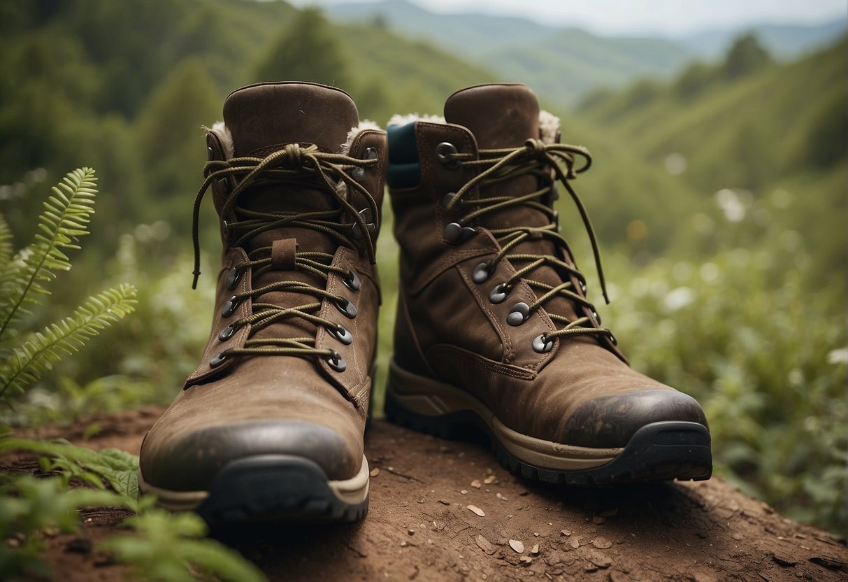 A pair of sustainable hiking boots standing on a lush, untouched trail, surrounded by diverse flora and fauna, with a clear, unpolluted sky overhead