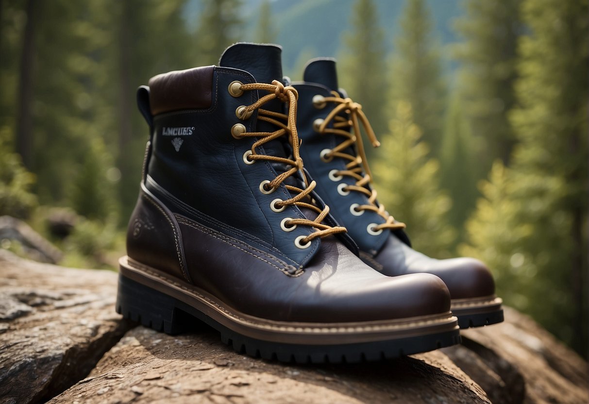 A pair of goodyear welt hiking boots sits on a rocky trail, surrounded by tall trees and a distant mountain peak