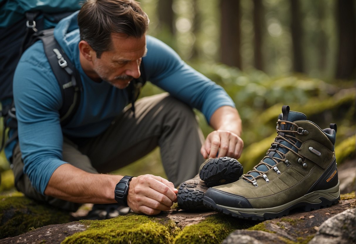 A hiker carefully examines a variety of sustainable hiking boots, comparing materials and features before selecting the perfect pair for their outdoor adventure