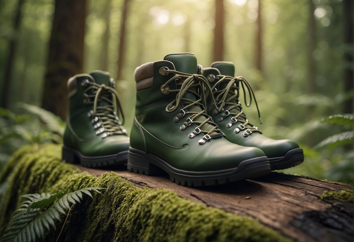 A pair of sustainable hiking boots made from recycled materials, with a sleek and modern design, set against a backdrop of a lush, green forest
