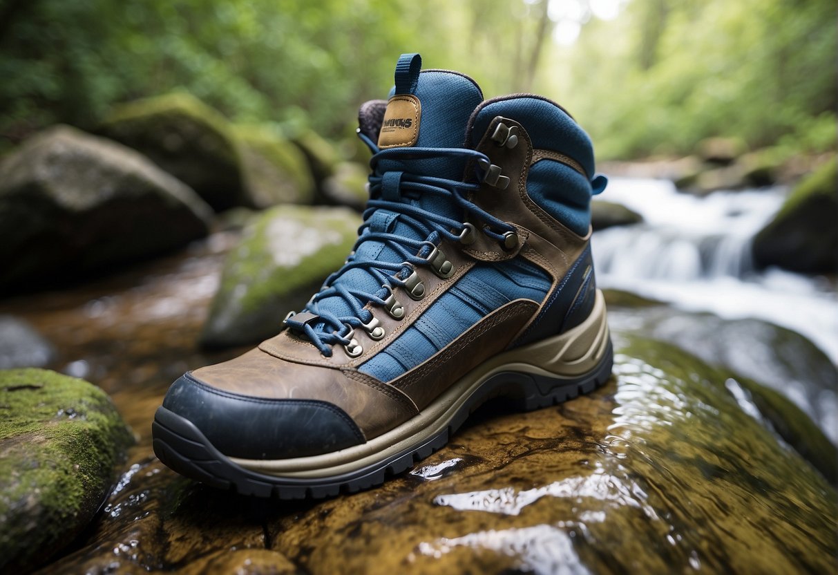 A pair of sustainable hiking boots placed on a rocky trail, surrounded by lush greenery and a flowing stream, with a clear blue sky overhead