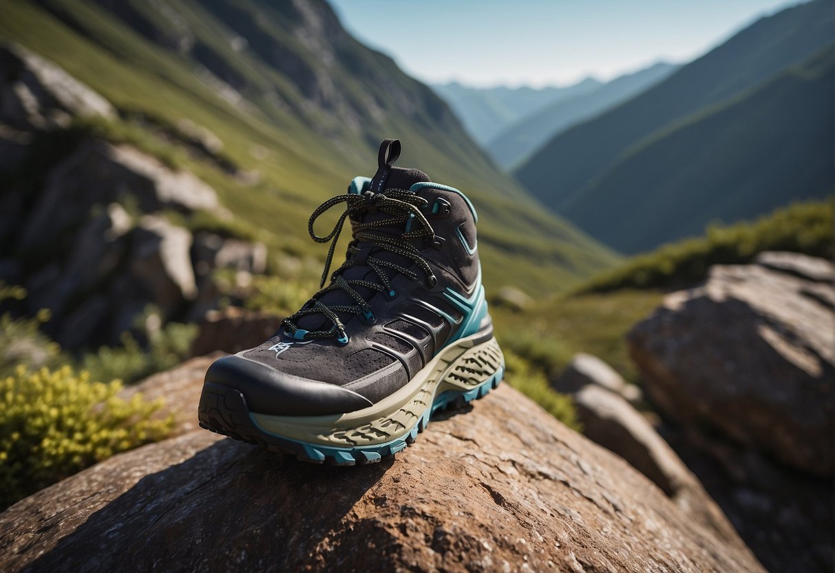 A pair of Hoka Speedgoat Mid 2 GTX hiking boots standing on a rugged mountain trail, surrounded by rocky terrain and lush greenery