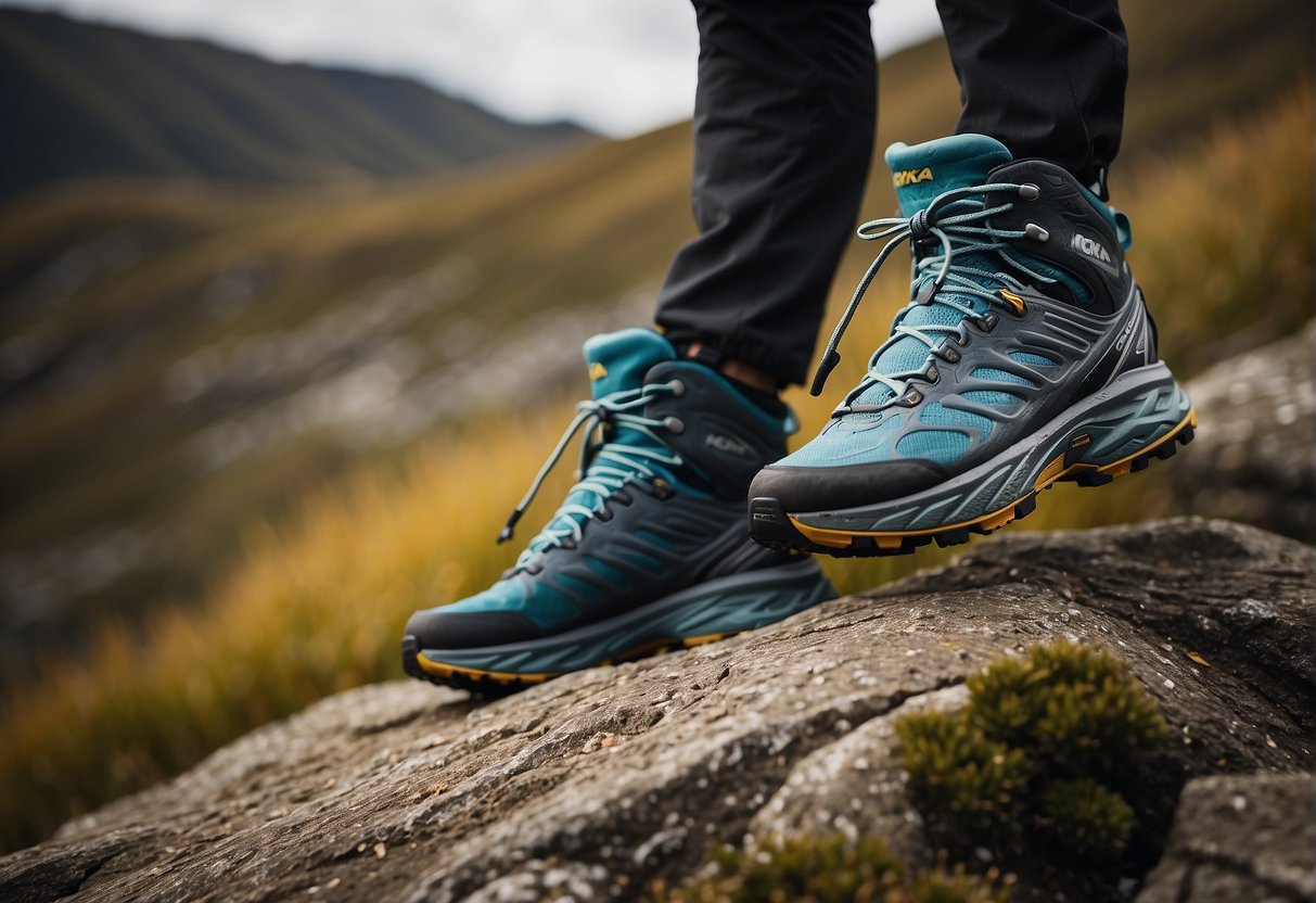 A pair of Hoka Speedgoat Mid 2 GTX hiking boots navigating rugged terrain with ease, showcasing their durability and traction