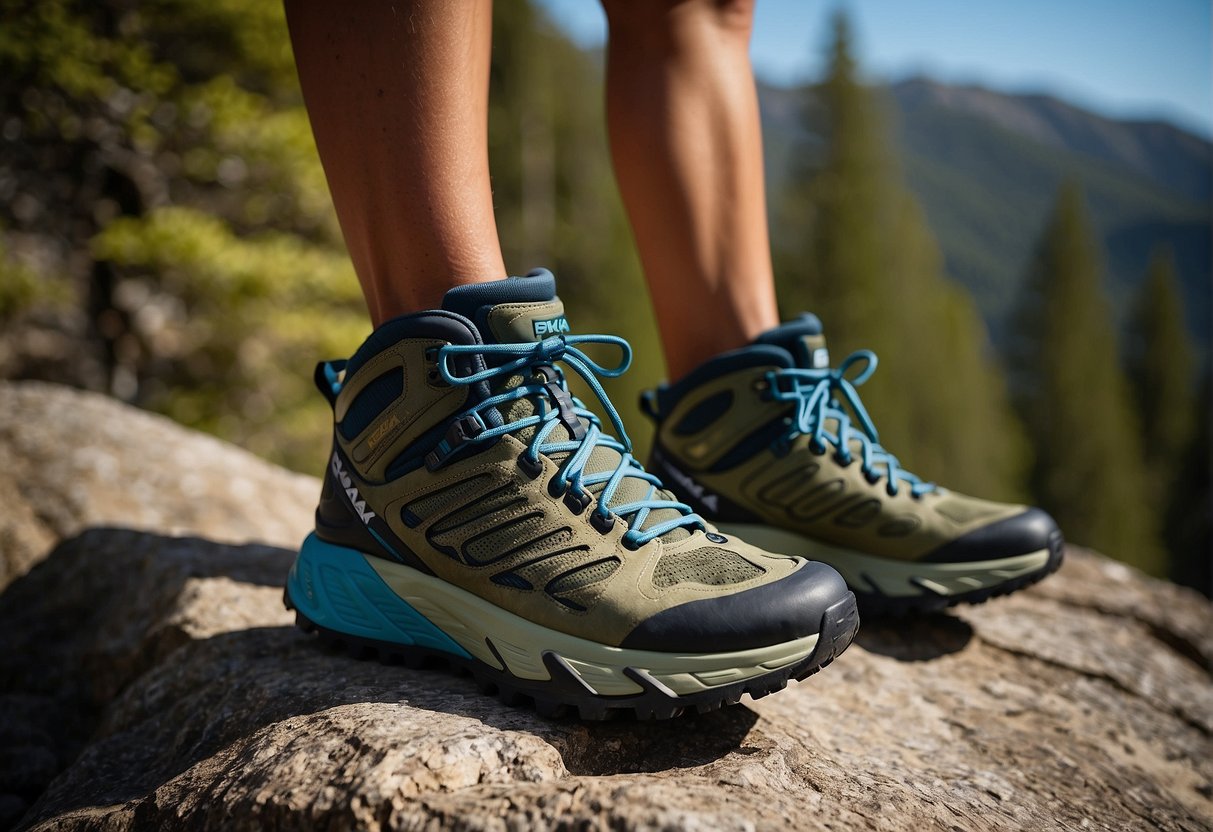 A pair of Hoka Speedgoat Mid 2 GTX hiking boots stands on a rocky trail, surrounded by lush green trees and a clear blue sky