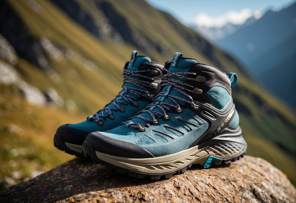 A hiker is holding a pair of Hoka Speedgoat Mid 2 GTX hiking boots, surrounded by rugged terrain and a mountain backdrop. The boots are displayed prominently, showcasing their durability and waterproof features