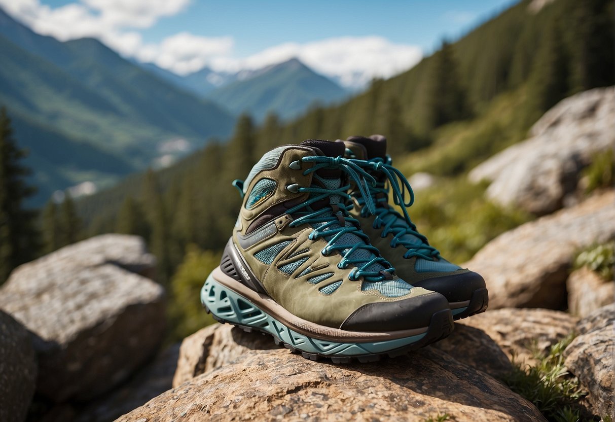 A pair of Hoka Speedgoat Mid 2 GTX hiking boots sits on a rocky trail, surrounded by lush greenery and towering mountains in the background