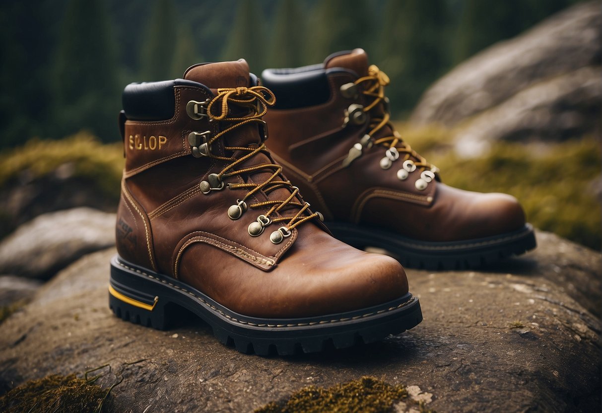 A pair of sturdy hiking boots with goodyear welt construction, surrounded by various FAQ signs and symbols