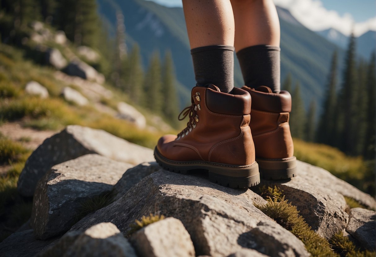 Redhead hiking boots on rocky trail, surrounded by trees and mountains in the background