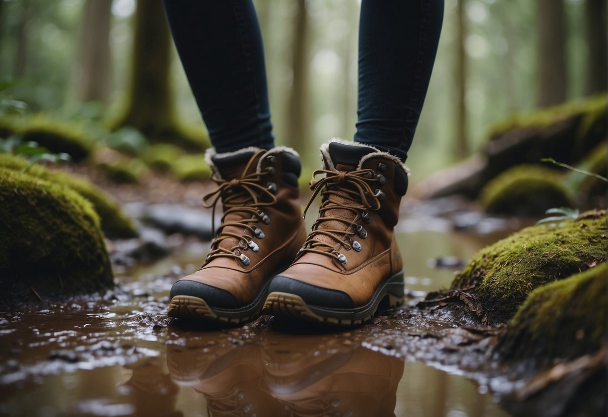 Redhead hiking boots trekking through a muddy forest trail