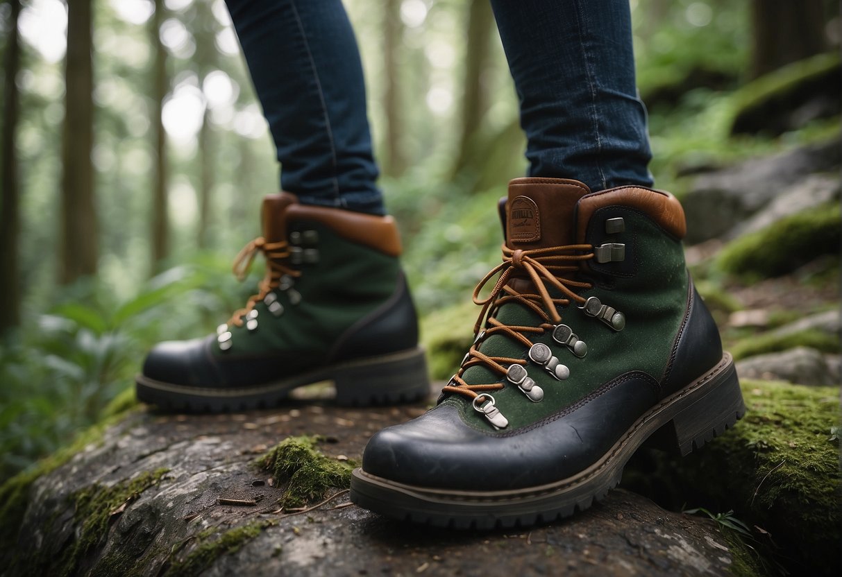 Redhead hiking boots stand on a rocky trail, surrounded by lush greenery and towering trees. The boots appear sturdy and well-worn, suggesting they provide comfort and support for the wearer